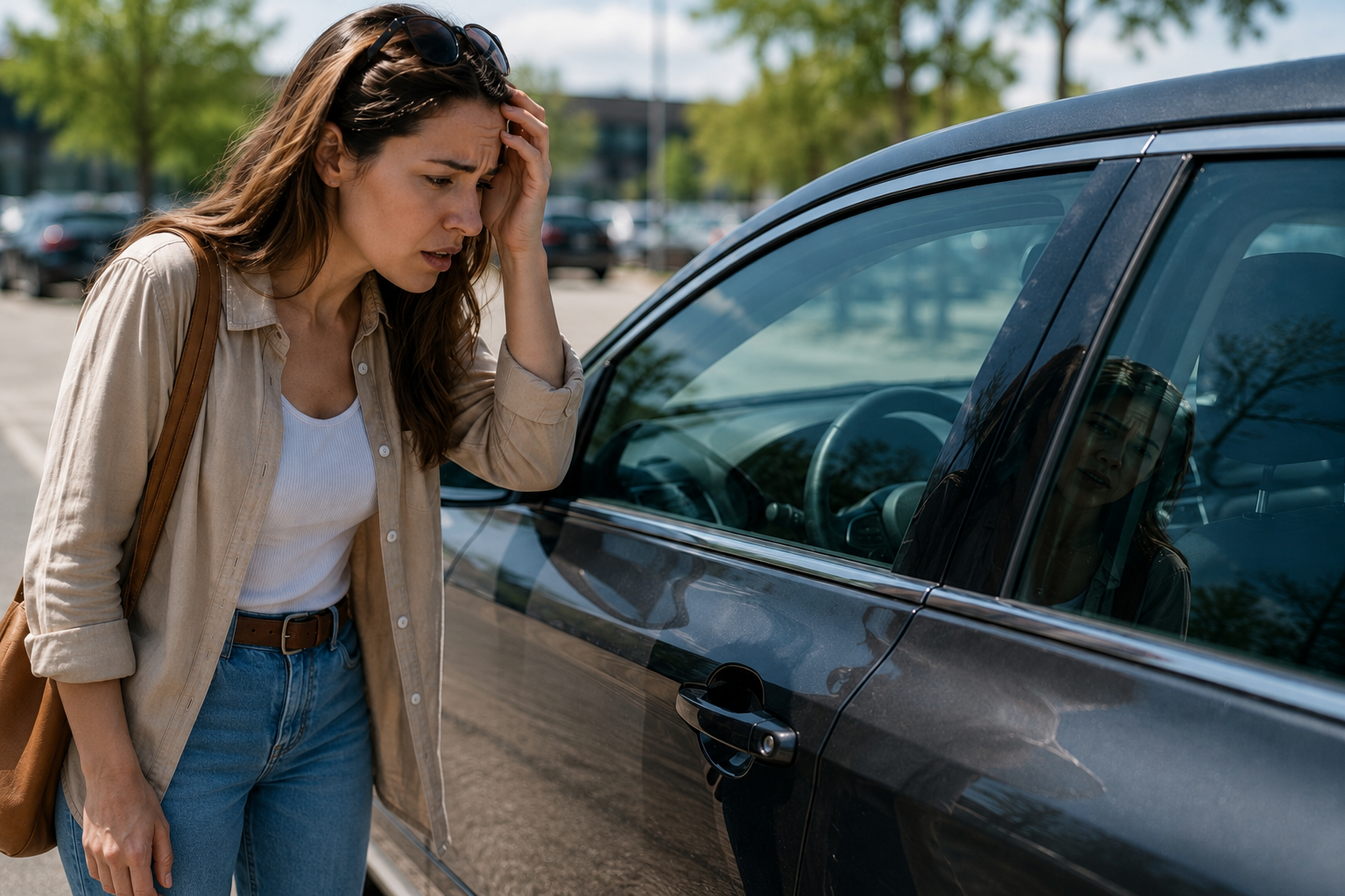 Driver locked out of her car looking through the window