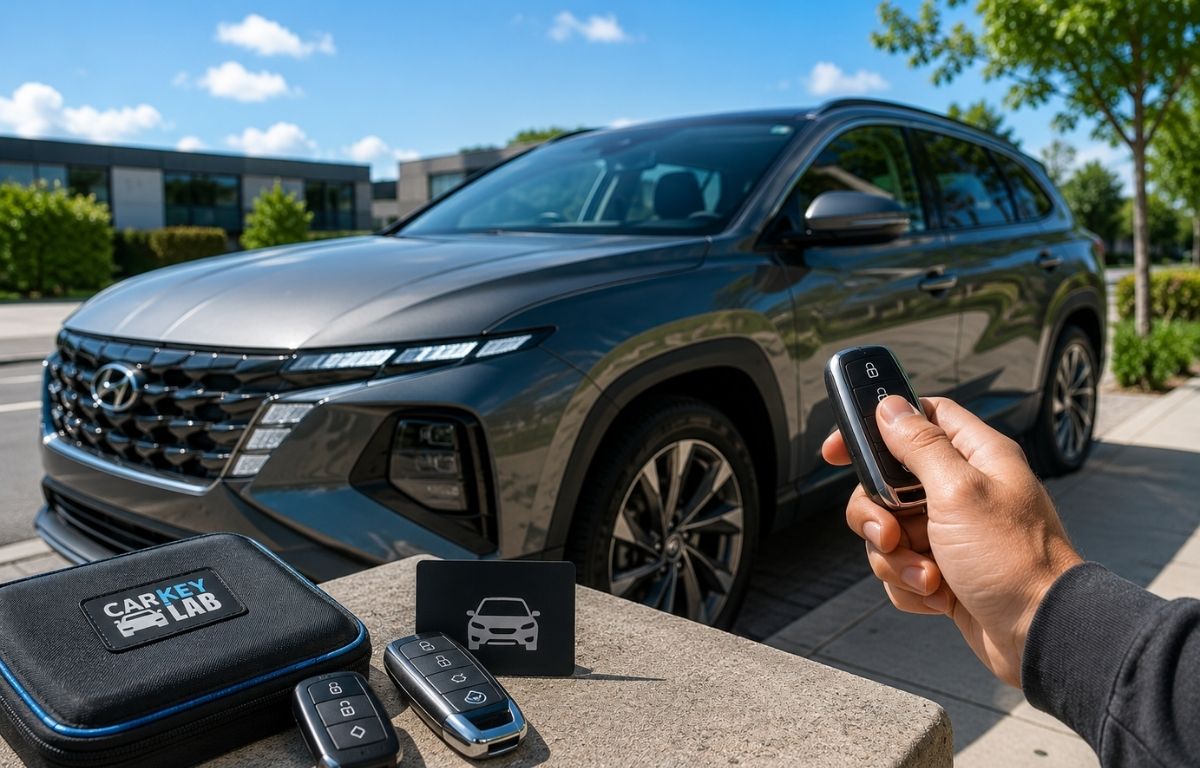 Programming a car remote next to a Car Key Lab equipment case